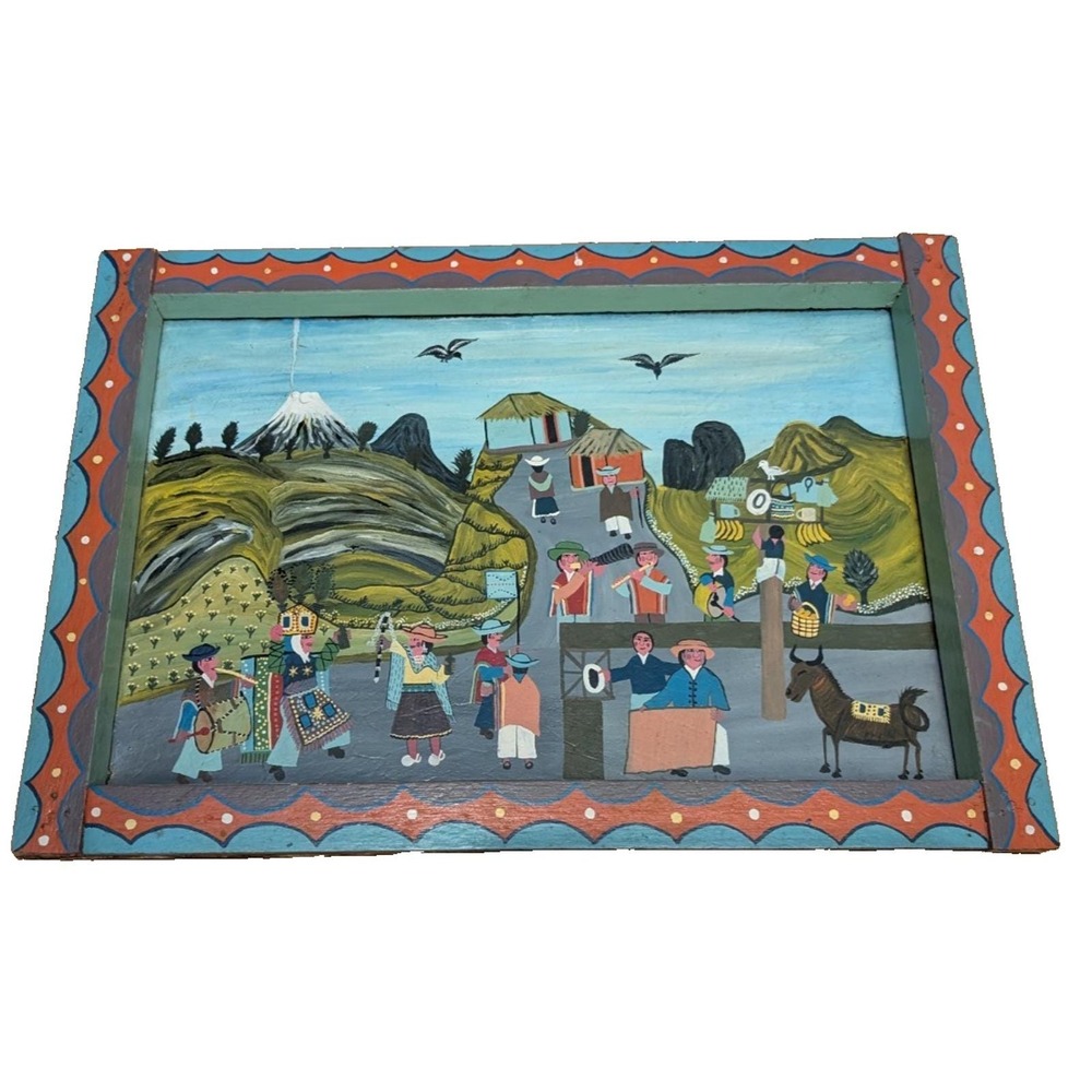 J. Francisco  Ugsha  Tigua Ecuador Folk Art Painting  Signed   Large 14x20